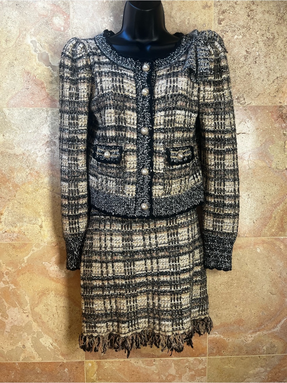 LoveShackFancy Black and Cream Tweed Pearl-Button Jacket